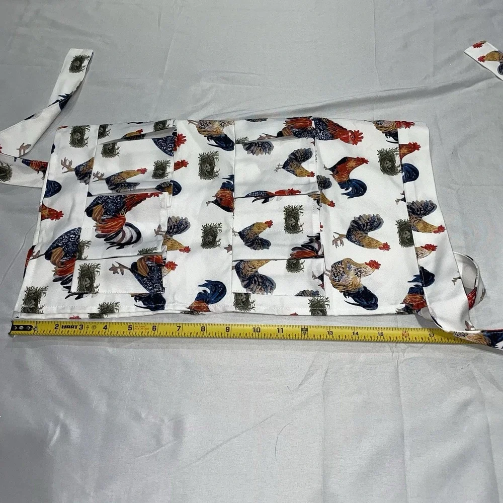 Rooster Print Egg Gathering Apron Farmhouse Multi Pocket Chicken Egg Apron White